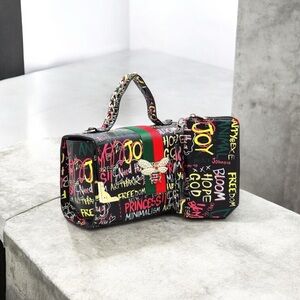 Colorful 2-in-1 Trendy Multi Graffiti Queen Bee Boxy Satchel with Wallet Blk/Red